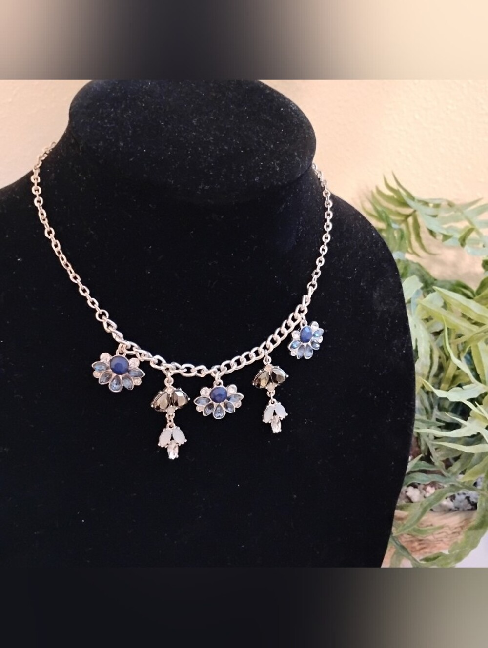 Silver Necklace with Blue Flower Charms